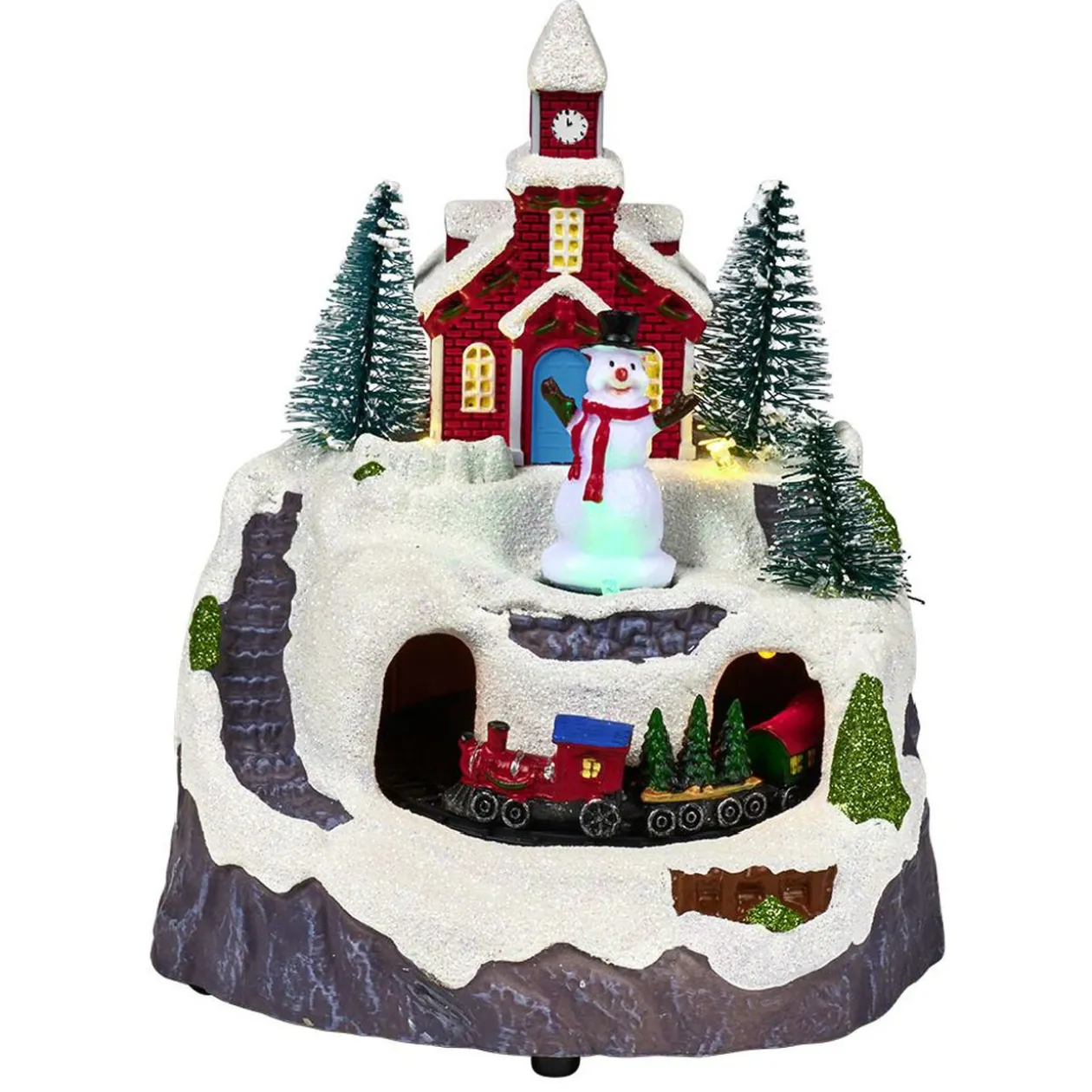 Scène village de Noël lumineuse avec train animé