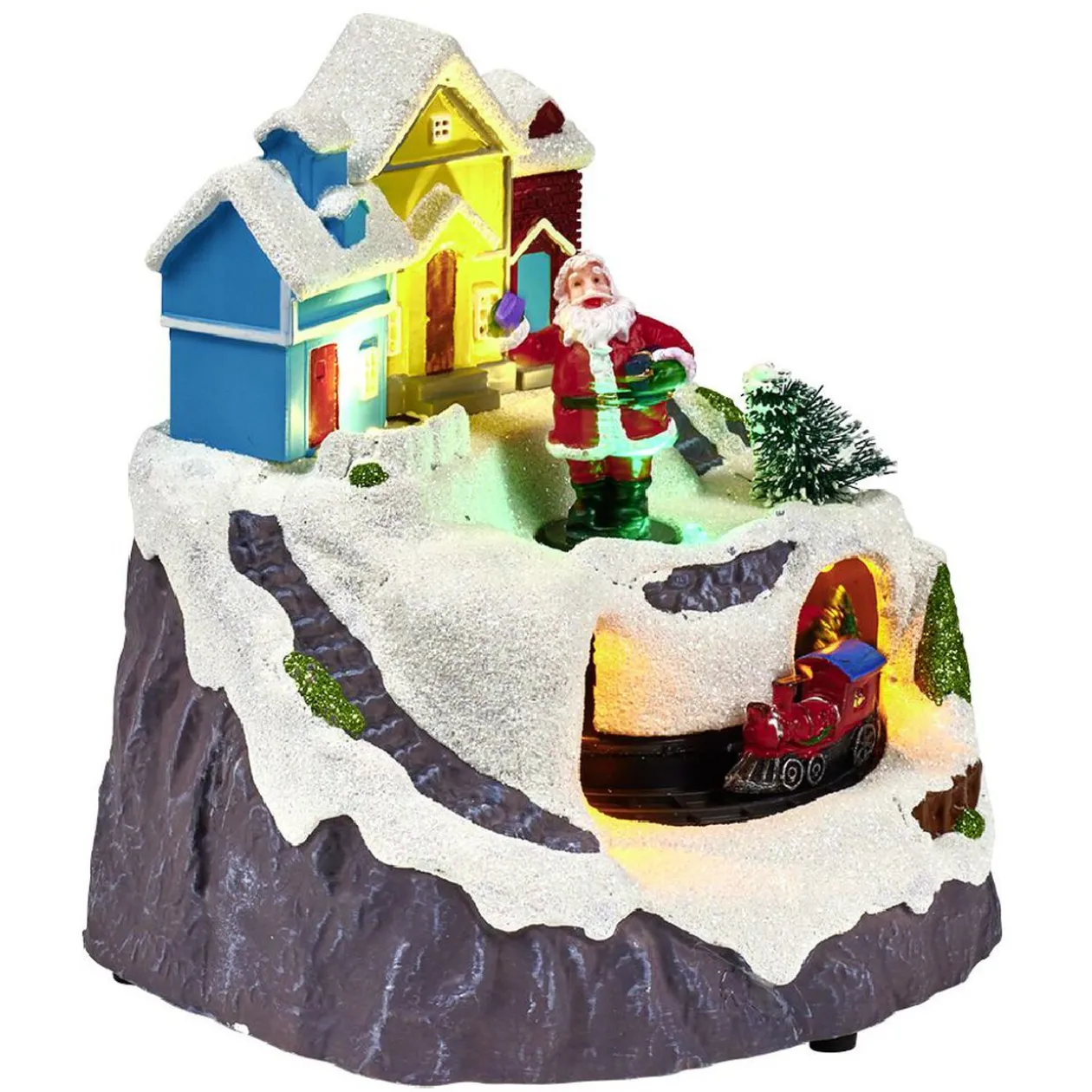 Scène village de Noël lumineuse avec train animé