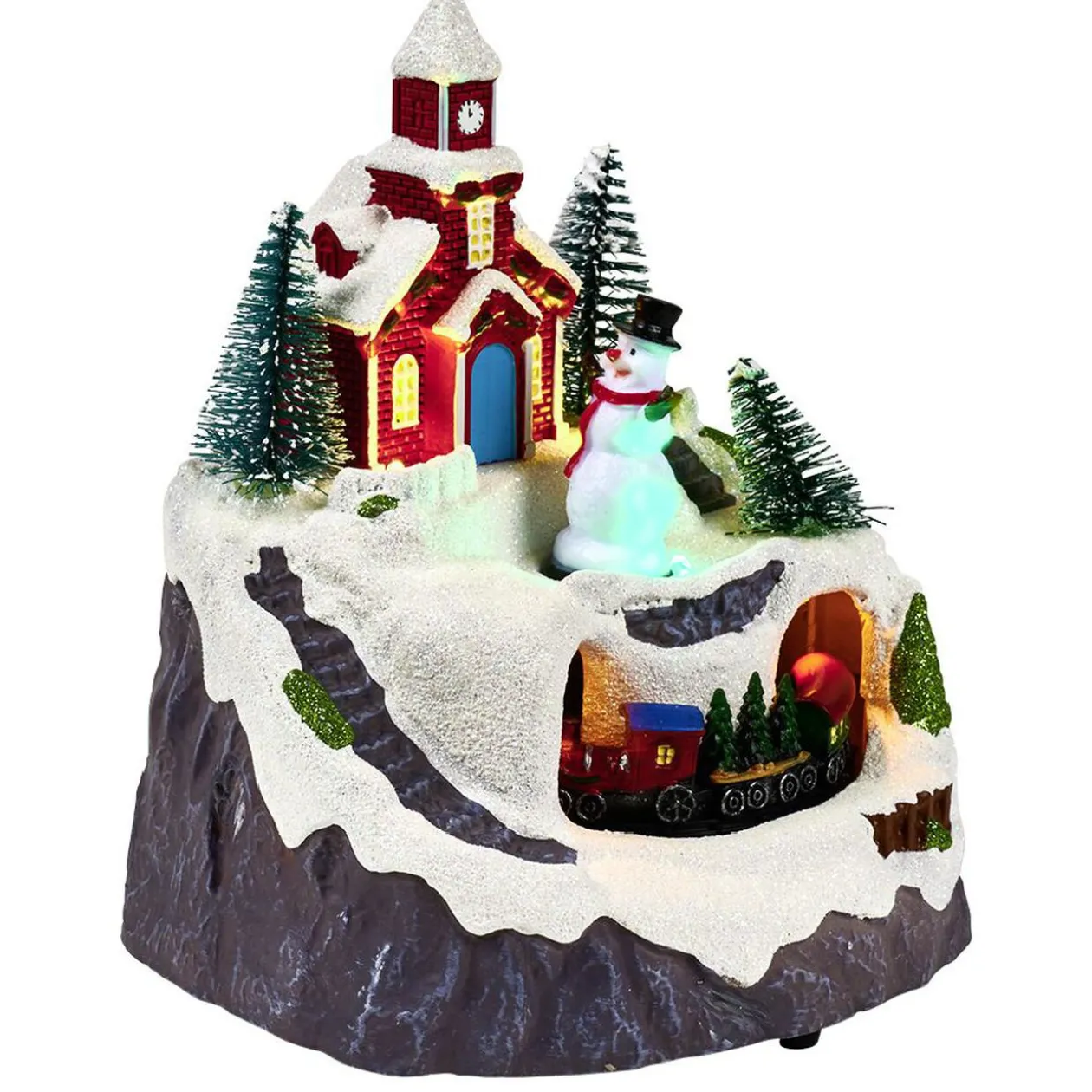 Scène village de Noël lumineuse avec train animé