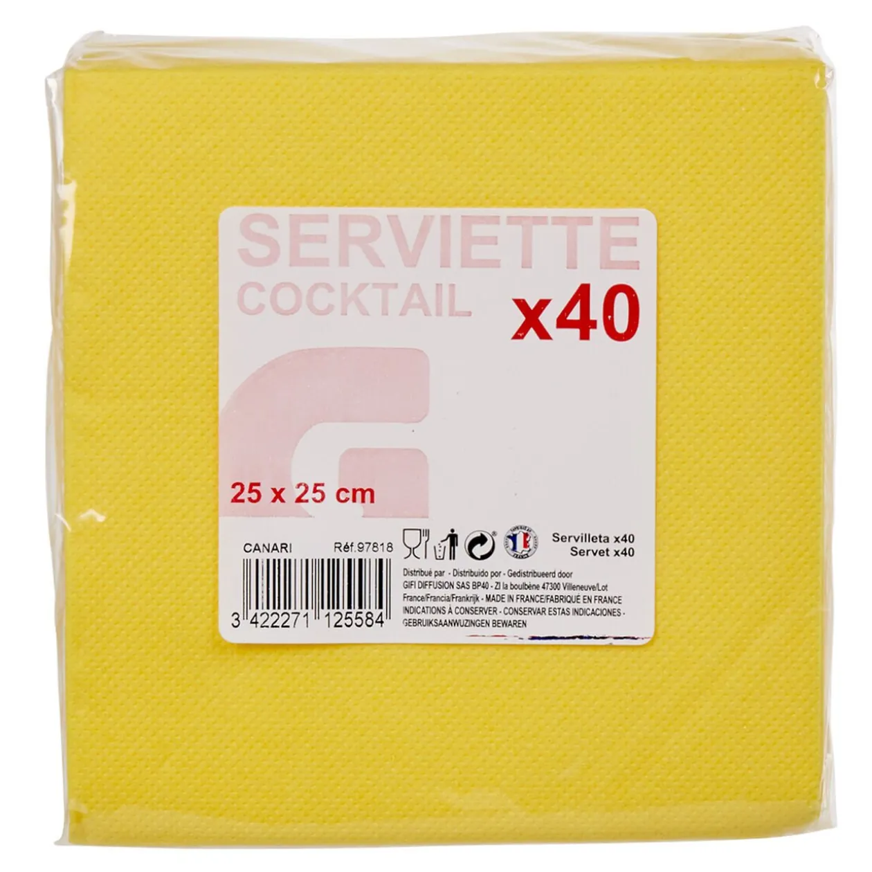 Serviette cocktail jetable 2 plis jaune canari x40
