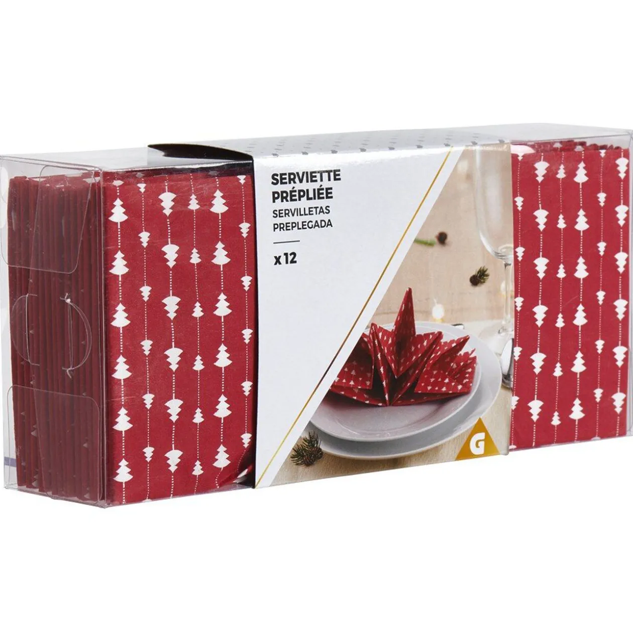 Serviette de Noël pré pliée rouge motif sapin x 12