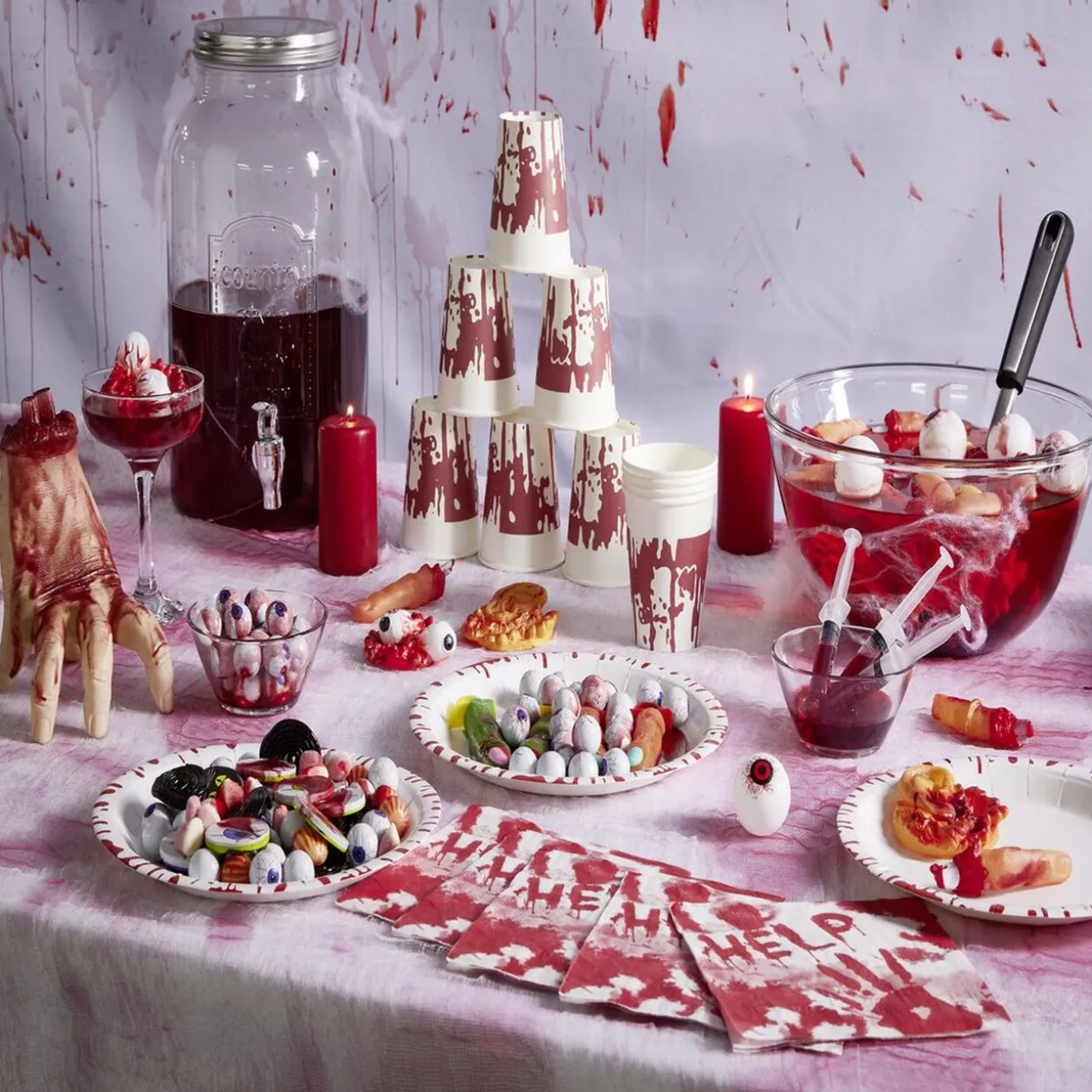 Serviette de table Halloween main ensanglantée HELP rouge et blanche x20