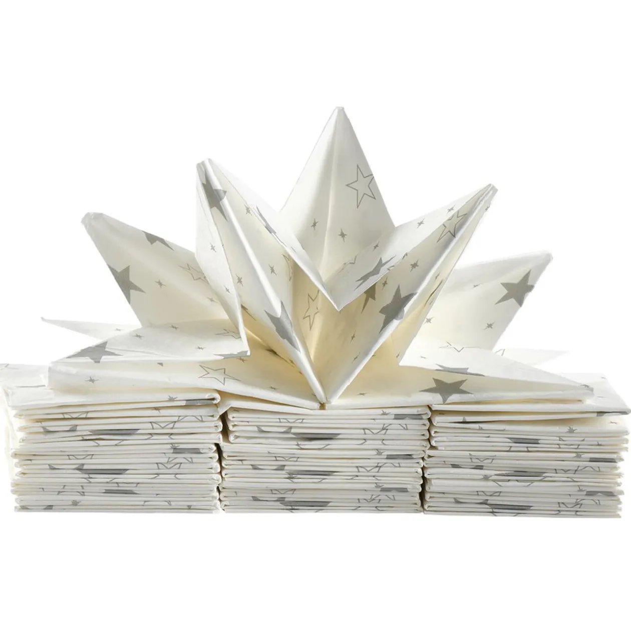 Serviette de table pré-pliée blanche étoiles argentées x12