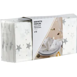 Serviette de table pré-pliée blanche étoiles argentées x12