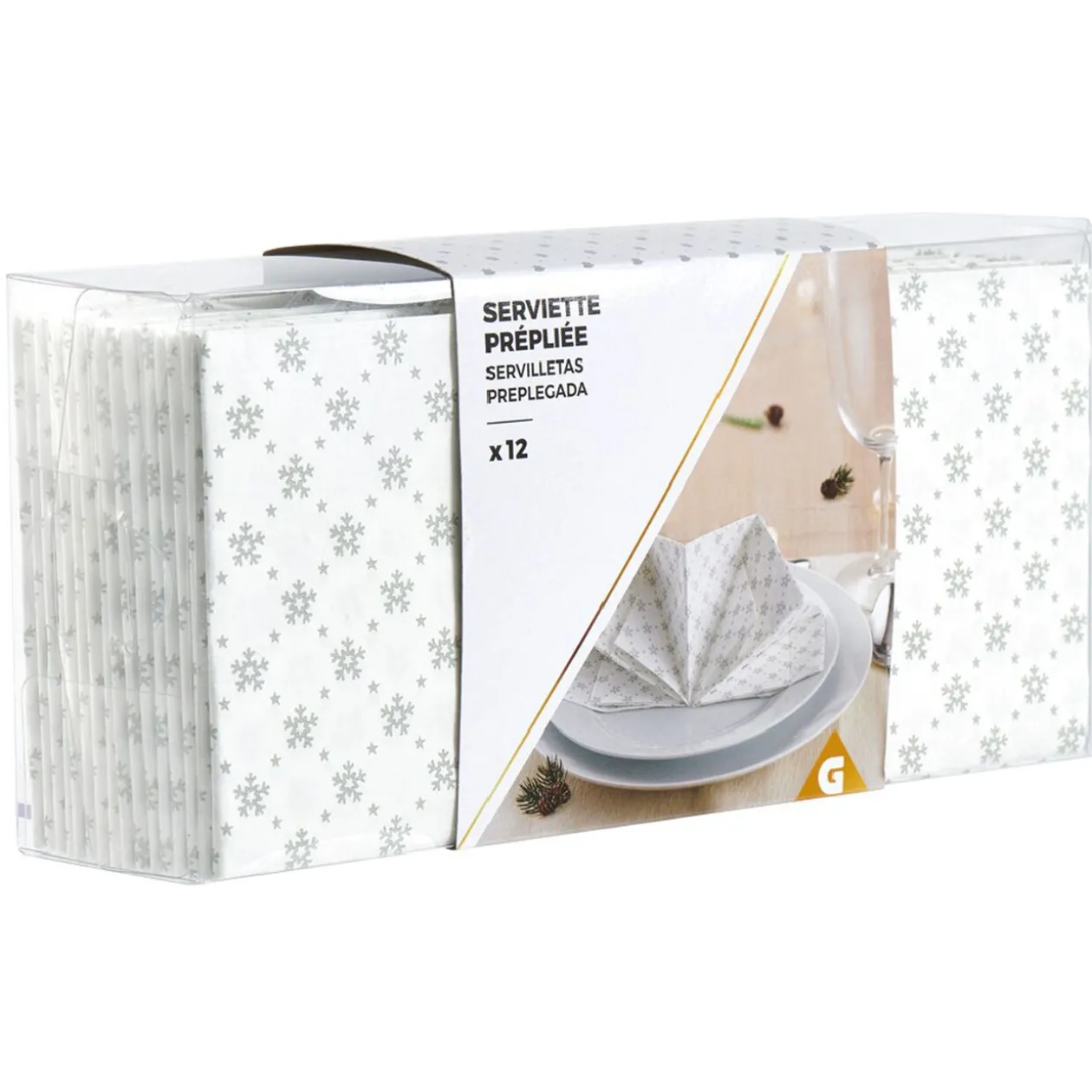 Serviette de table pré-pliée flocons argentés x12