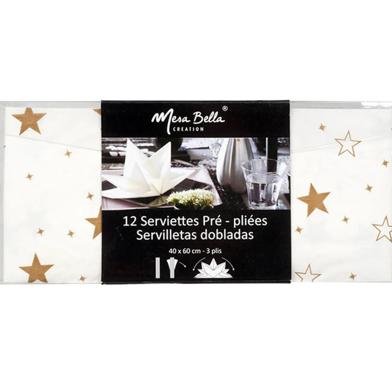 Serviette jetable pré pliée blanche étoiles dorées x12