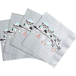 Serviette motif hibou grise et blanche x20