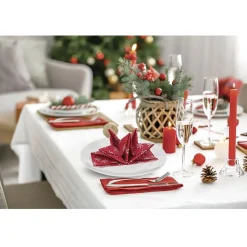 Serviette origami en papier rouge motif flocon blanc x12