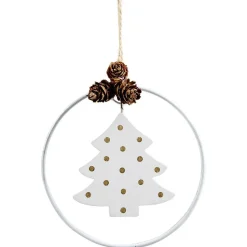 Suspension cercle métal blanc avec mobile bois et pommes de pin Ø10cm