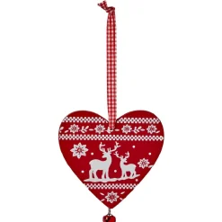 Suspension de Noël Coeur en bois motif traditionnel rouge blanc