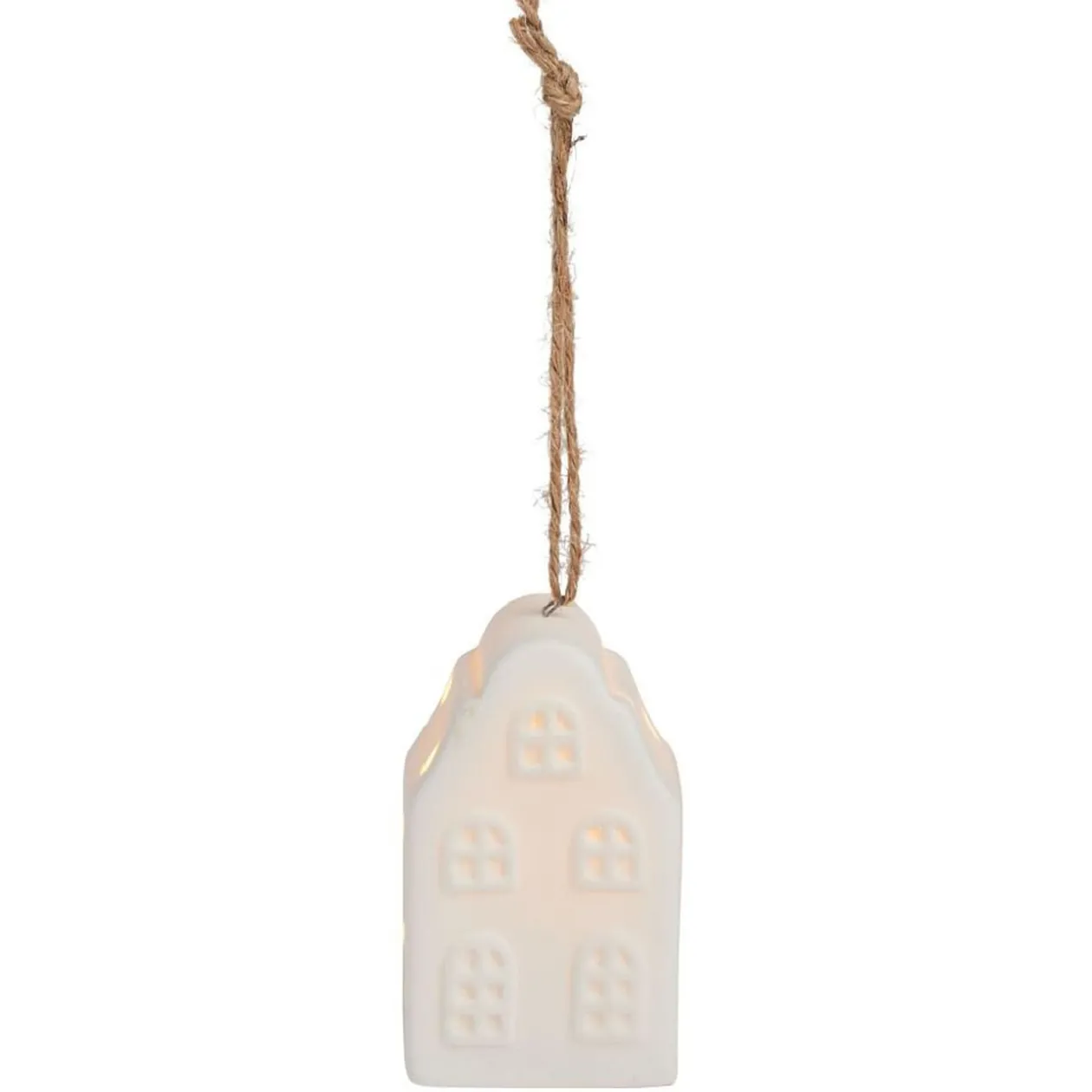 Suspension de Noël lumineuse forme maison céramique blanche 1LED blanc chaud H7,5cm