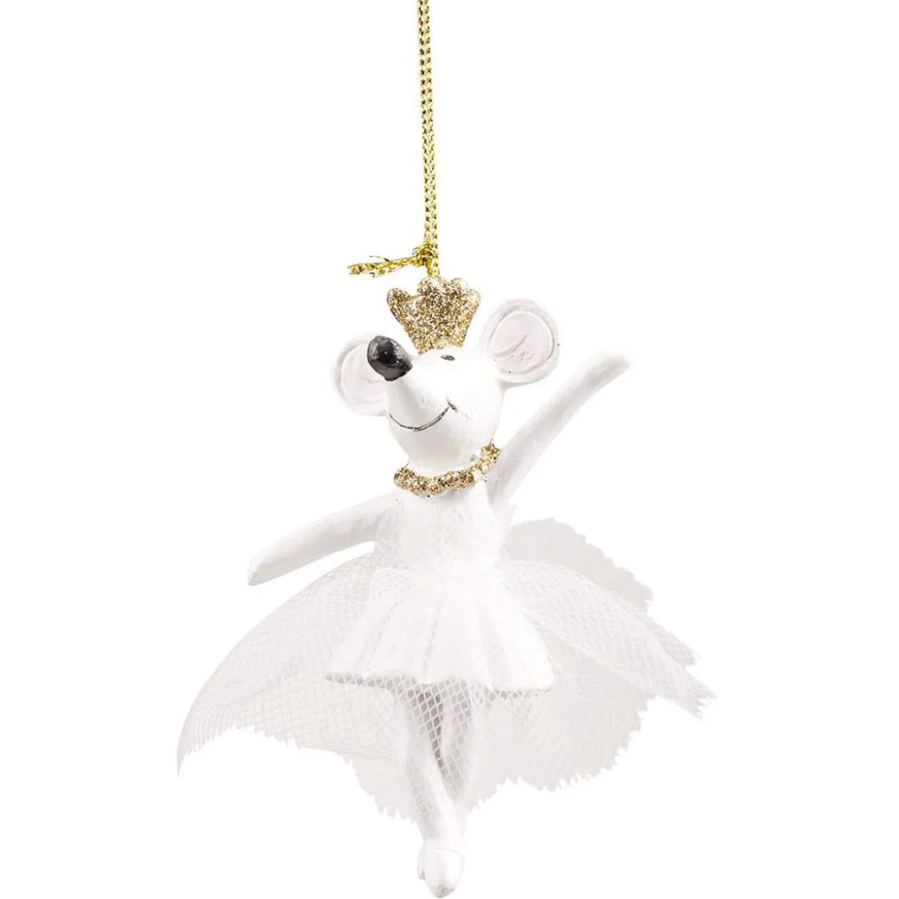 Suspension de Noël souris danseuse en tutu blanc et doré pailleté H10 cm