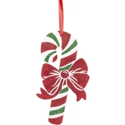 Suspension forme sucre d'orge en bois pailleté rouge et vert H.15 cm