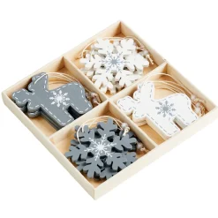 Suspension Noël motifs flocon et cerf blanche et grise x12