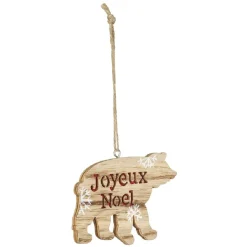 Suspension ours en bois inscription Joyeux Noël motif flocon blanc