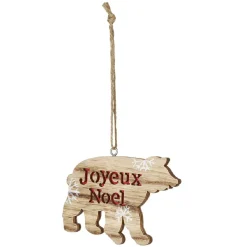 Suspension ours en bois inscription Joyeux Noël motif flocon blanc
