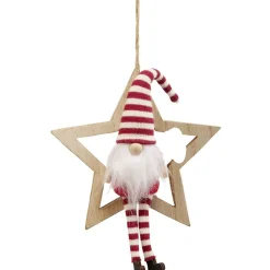 Étoile en bois à suspendre avec gnome assis rouge et blanc H.17 cm