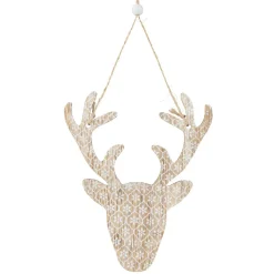 Tête de cerf en bois motif fleur blanc naturel