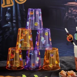 Verre plastique motif Halloween orange et violet Ø7xH13cm x6