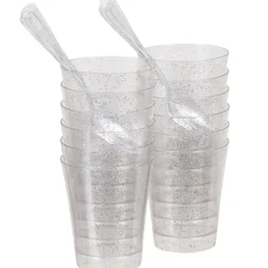 Verrine et cuillère pailletée argentée plastique x12