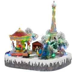 Village animé Noël lumineux musical décoTour Eiffel et carroussel
